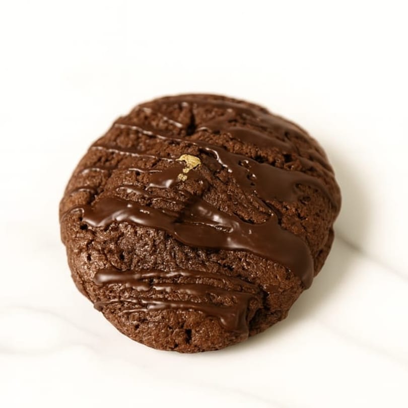 A Sweet Kneads double chocolate chip cookie with a chocolate drizzle on a white surface.