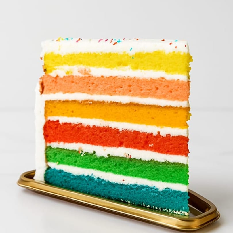 Sweet Kneads' rainbow cake slice with colorful layers and white frosting on a gold tray.